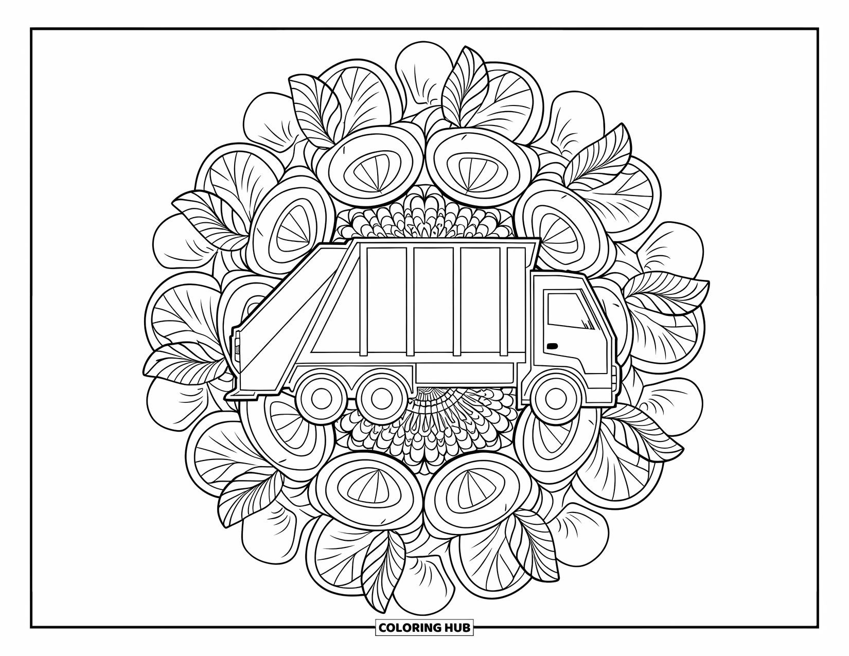 Trash Truck Coloring Page for Adults: A floral mandala surrounds a simple trash truck with crisp outlines