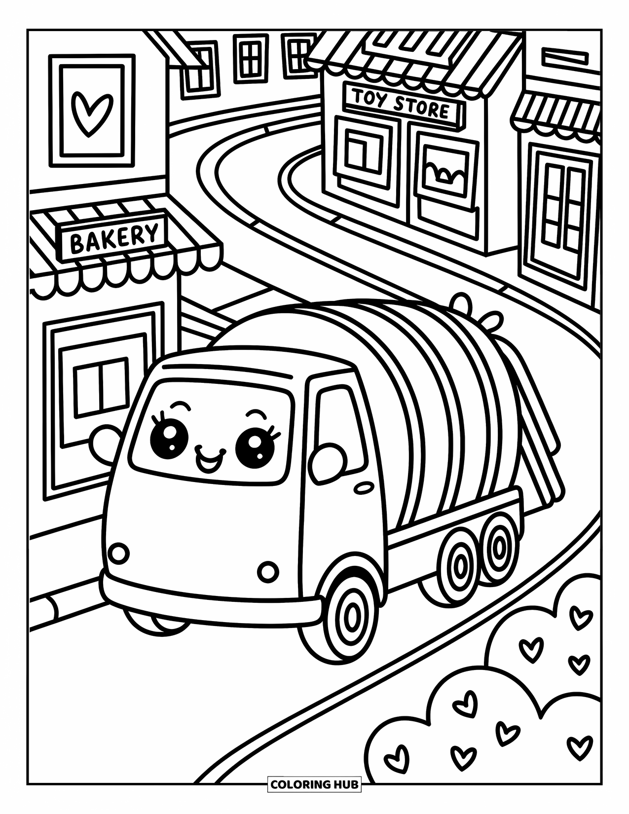 Trash Truck Coloring Page for Adults: A happy trash truck rolls past shops like ìBakeryî and ìToy Storeî on a hill