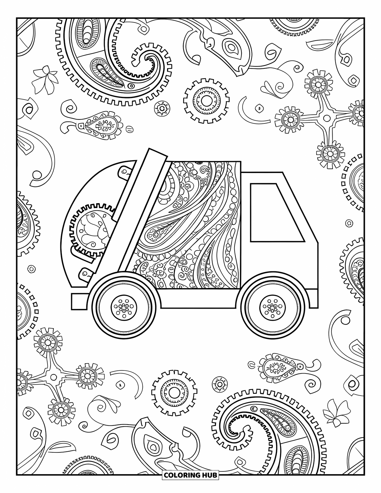 Trash Truck Coloring Page for Adults: A paisley and gear pattern surrounds a trash truck with bold outlines