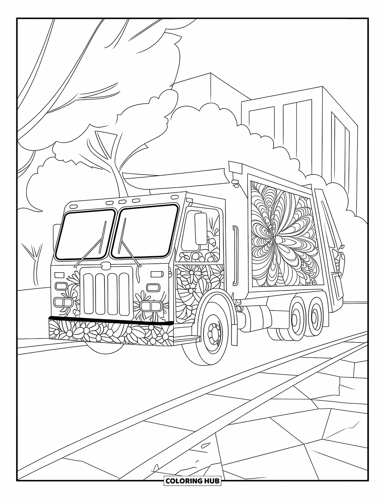 Trash Truck Coloring Page for Adults: A patterned truck parks by the curb with zentangle lines and background trees