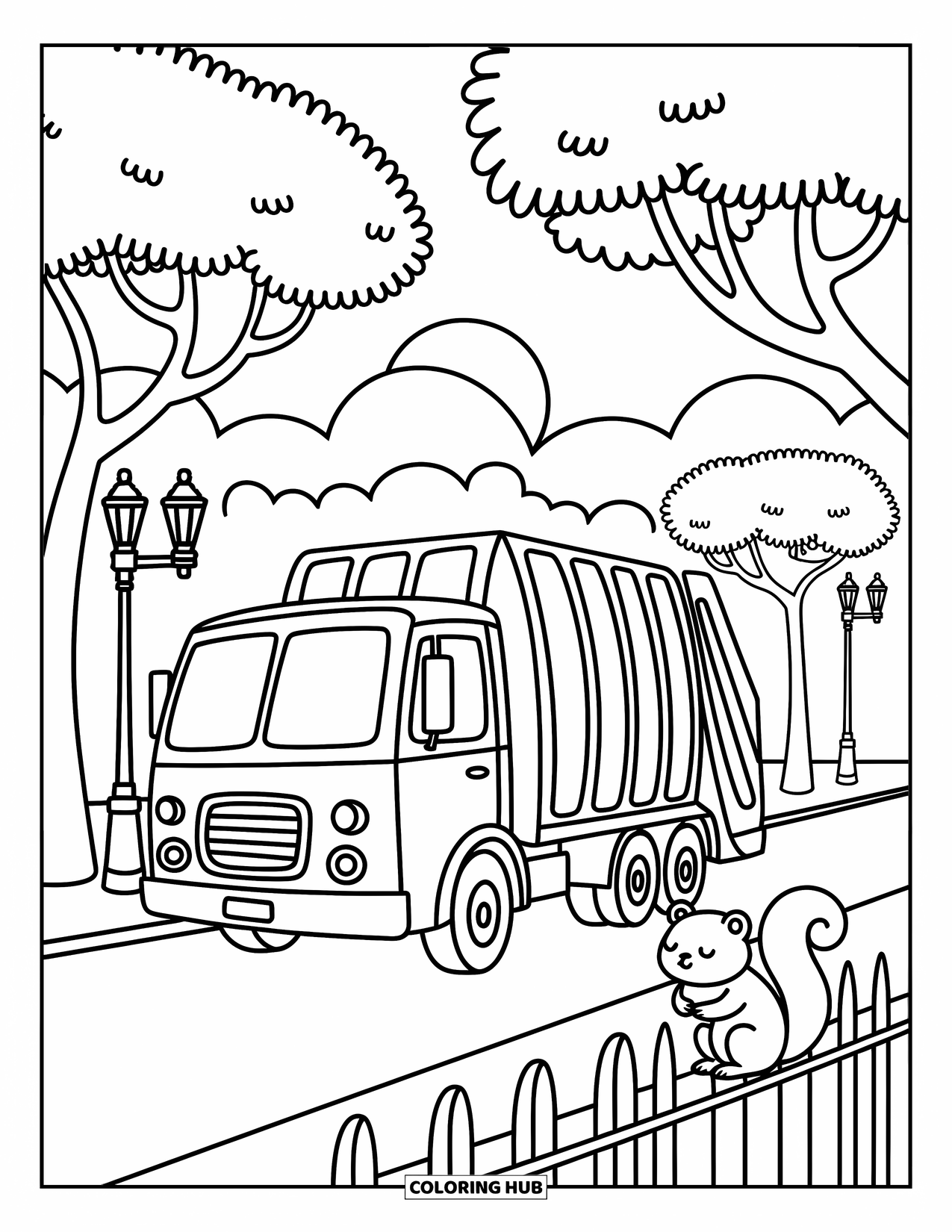 Trash Truck Coloring Page for Adults: A sleepy squirrel watches a trash truck pass under puffy trees at dawn