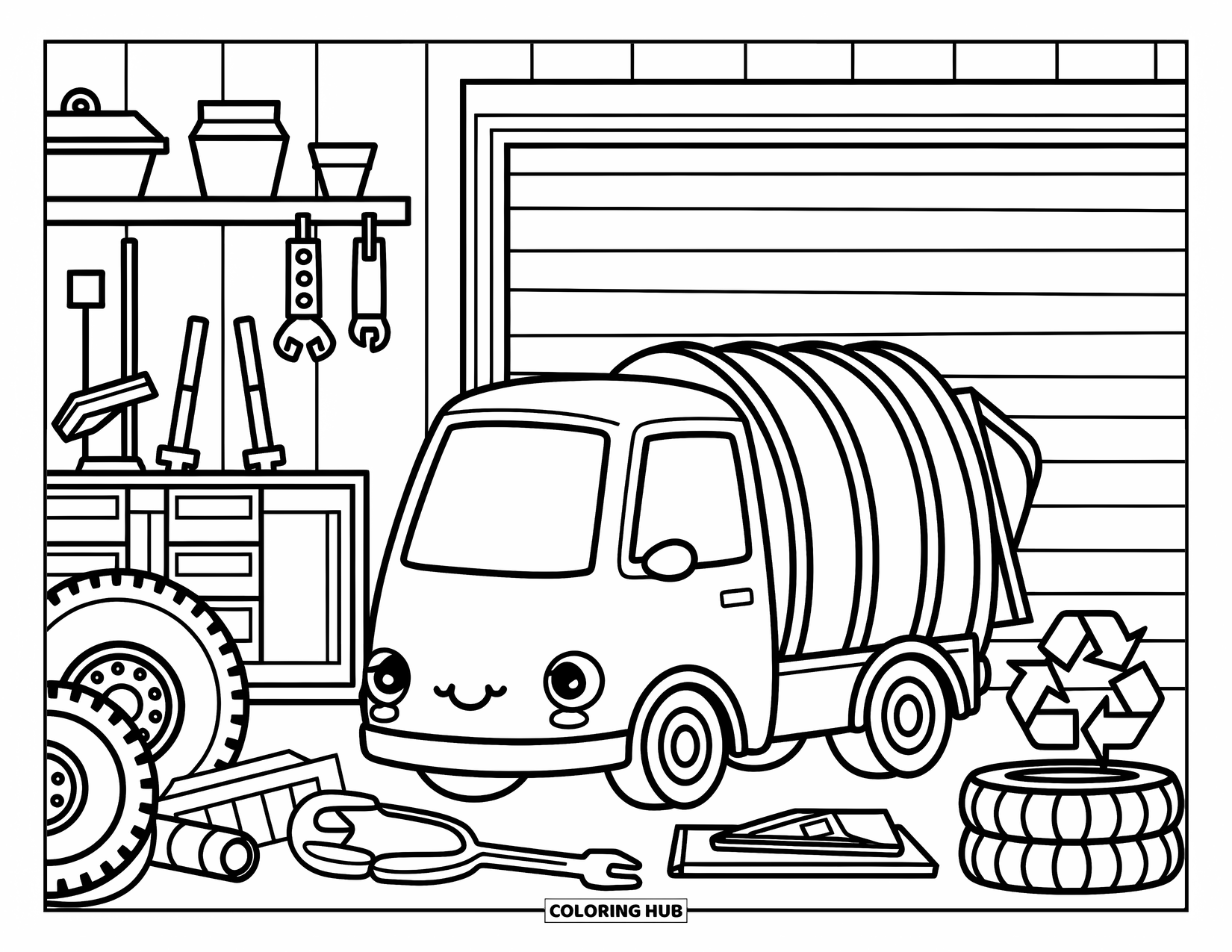 Trash Truck Coloring Page for Adults: A sleepy trash truck relaxes in a garage with tires, tools, and a recycling sign