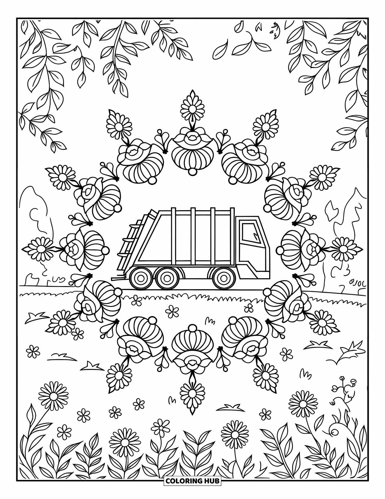 Trash Truck Coloring Page for Adults: A trash truck rests among swirling roses, daisies, and leafy mandalas