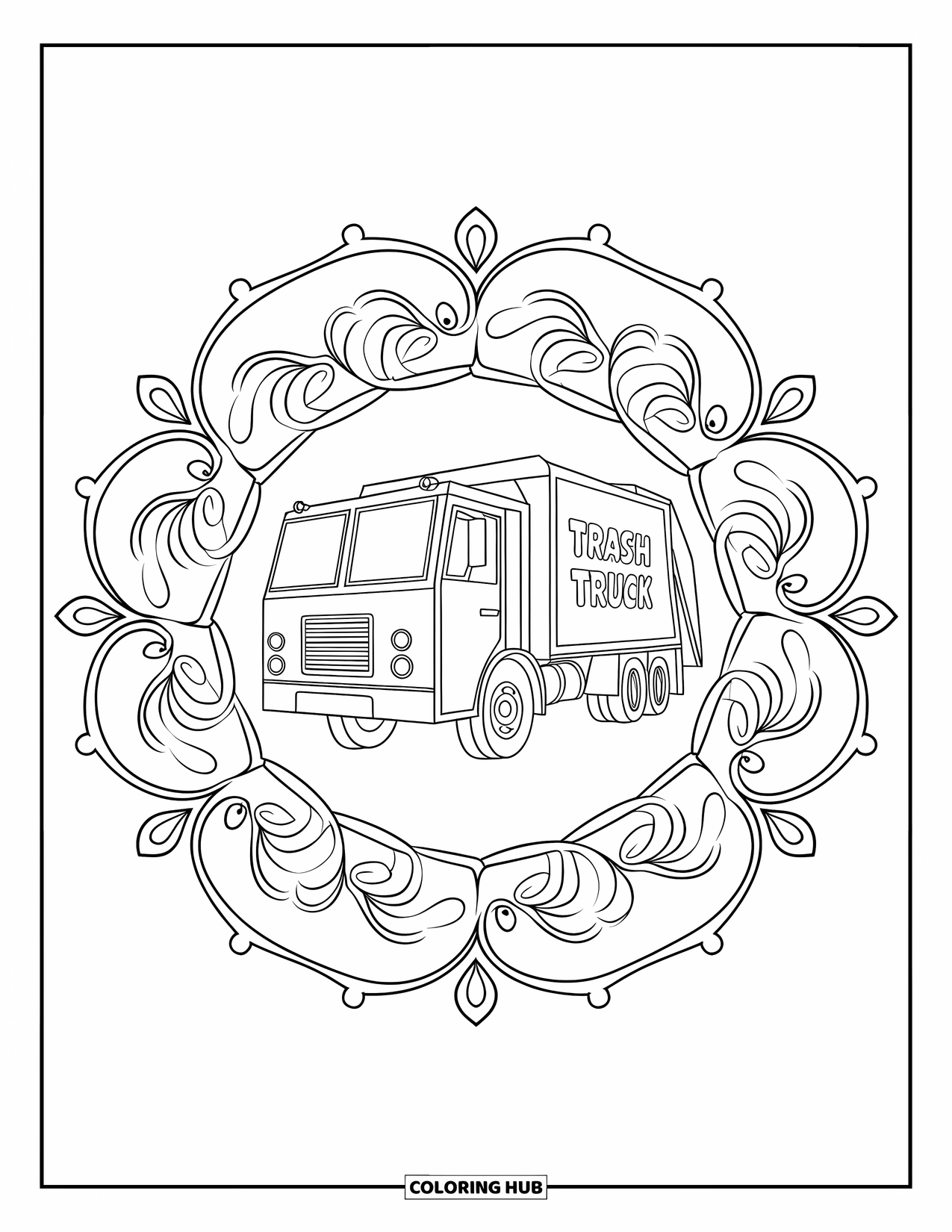 Trash Truck Coloring Page for Adults: A truck labeled "Trash Truck" sits inside a floral mandala