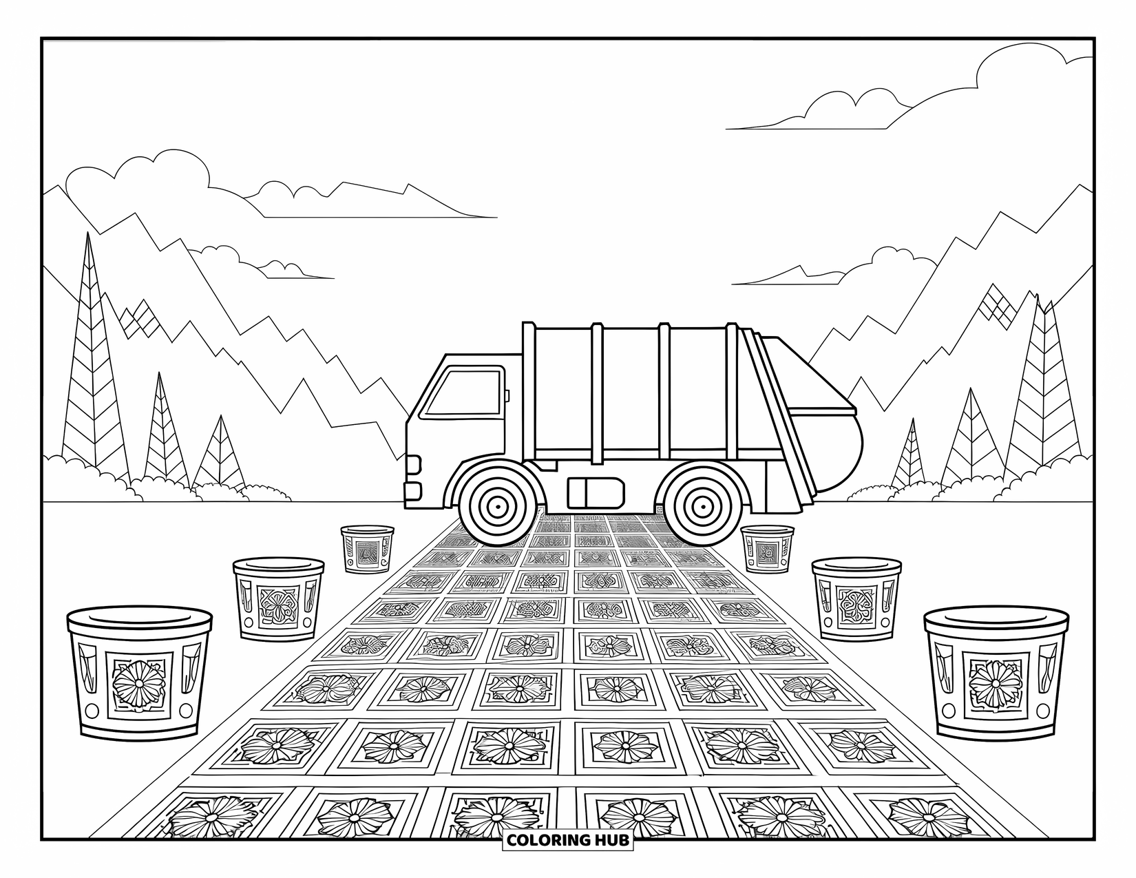 Trash Truck Coloring Page for Adults: A truck rolls along a tiled road framed by bins, trees, and mountains