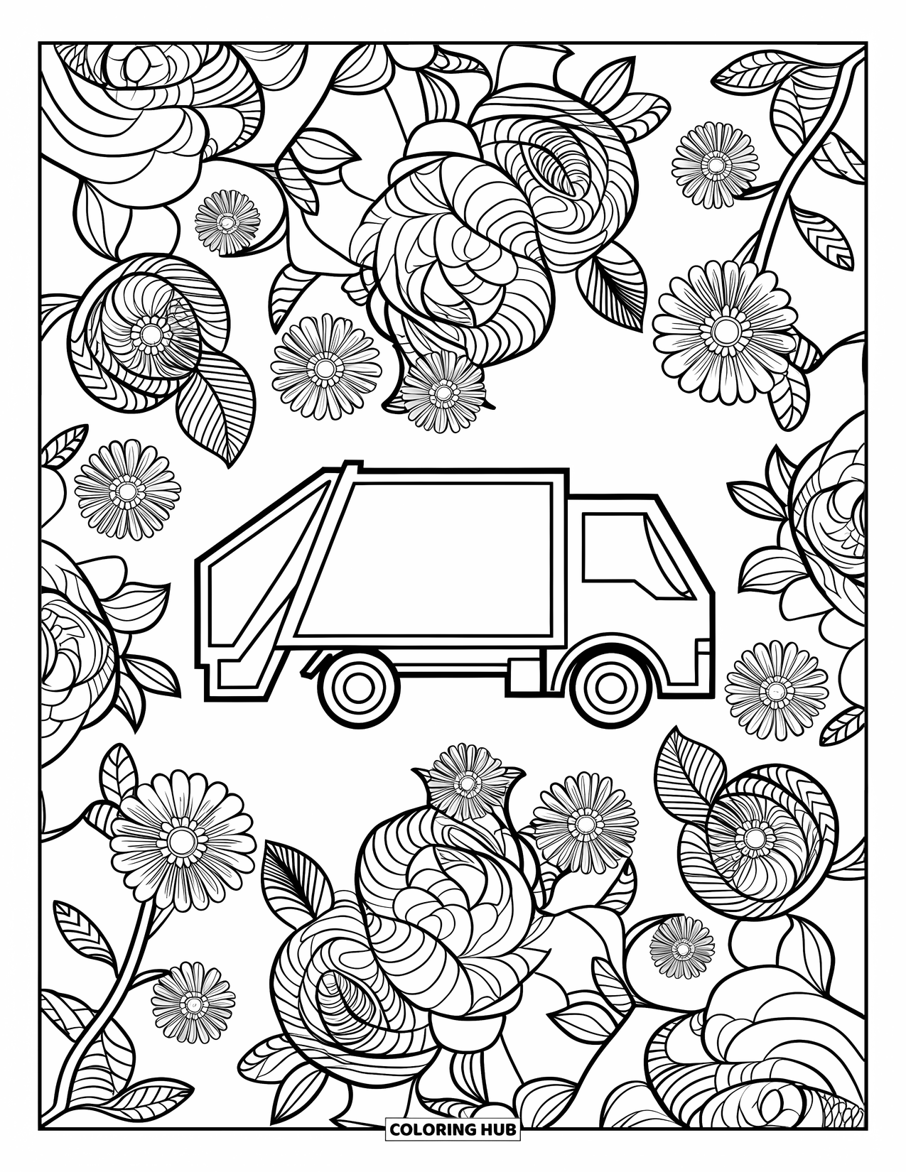 Trash Truck Coloring Page for Adults: Bold mandala roses and leaves surround a simple trash truck