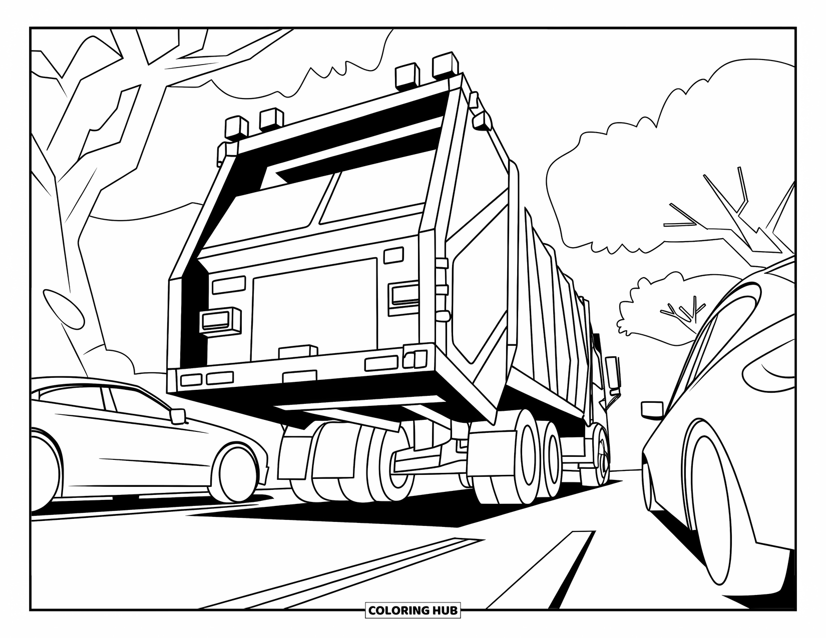 Trash Truck Coloring Page for Kids: A bold trash truck cruises past parked cars and trees on a clean city road