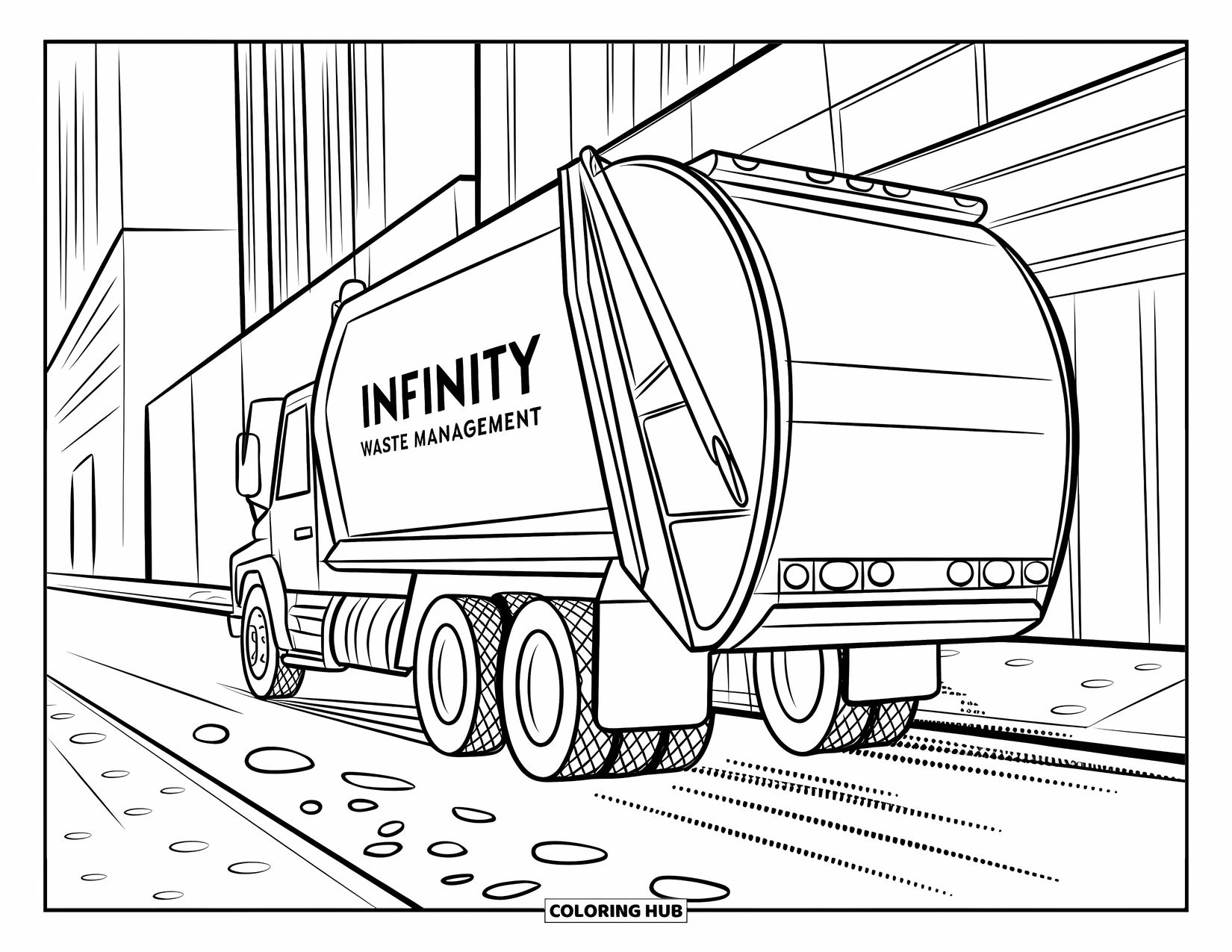 Trash Truck Coloring Page for Kids: A bold trash truck labeled "INFINITY WASTE MANAGEMENT" leaves water trails on the road