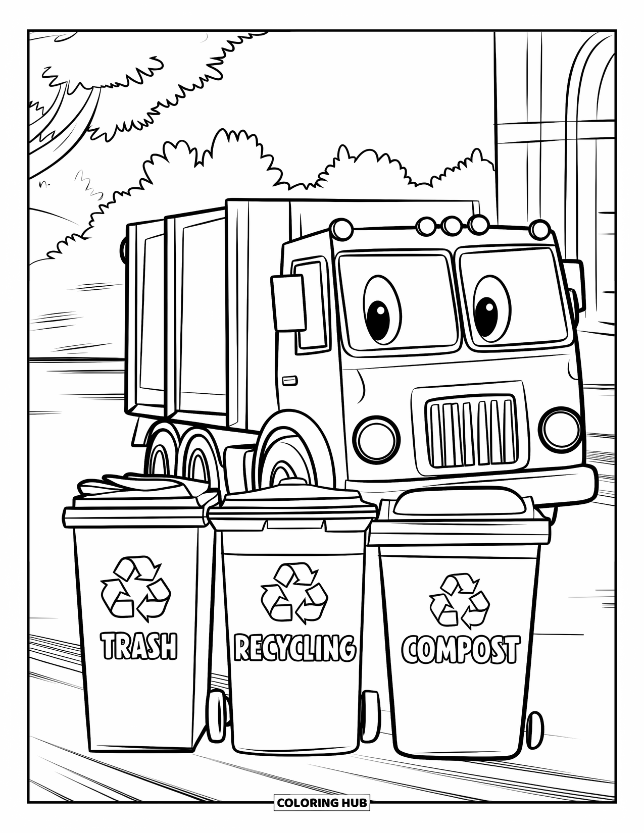 Trash Truck Coloring Page for Kids: A cheerful trash truck nears trash, recycling, and compost bins on a tree-lined street