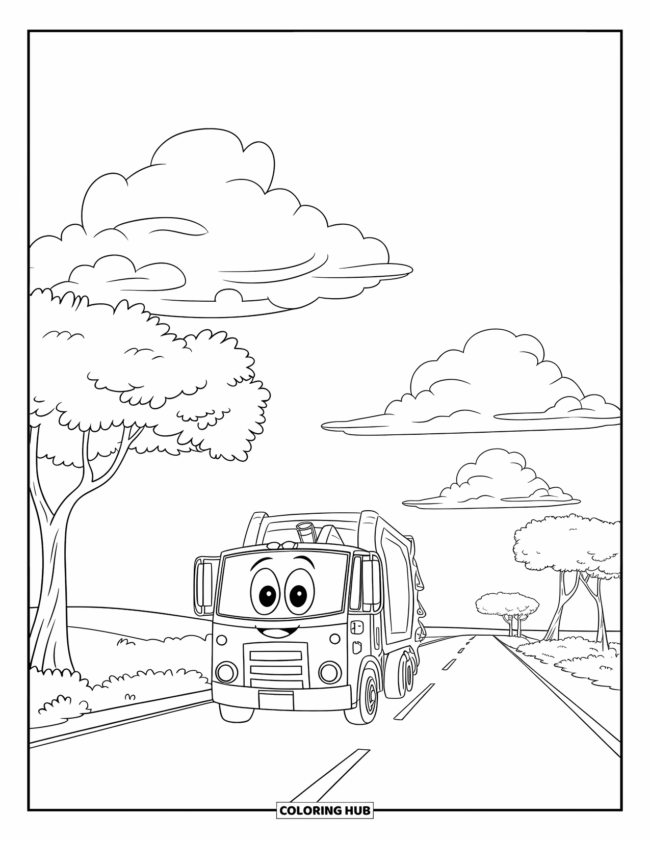 Trash Truck Coloring Page for Kids: A cheerful truck cruises a wide road under clouds with trees on both sides