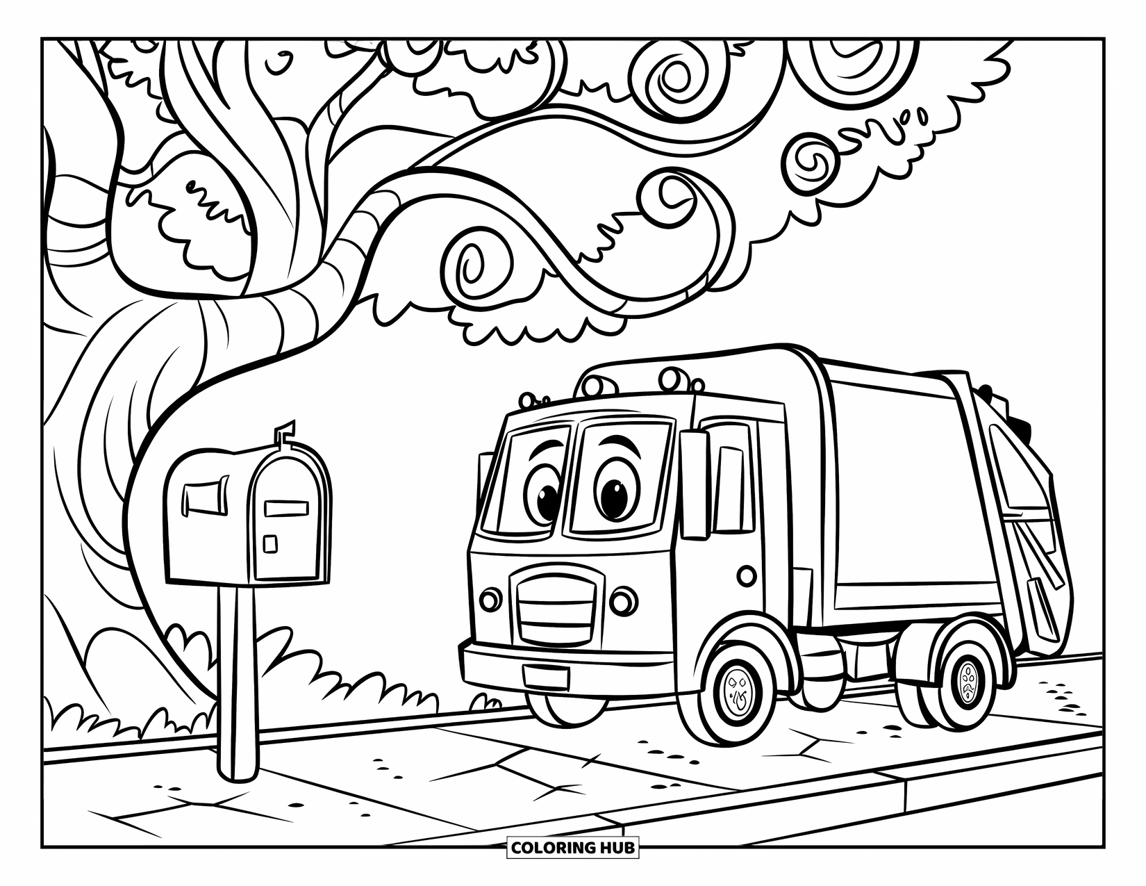 Trash Truck Coloring Page for Kids: A cheerful truck stands by a swirly tree and red mailbox on a sidewalk