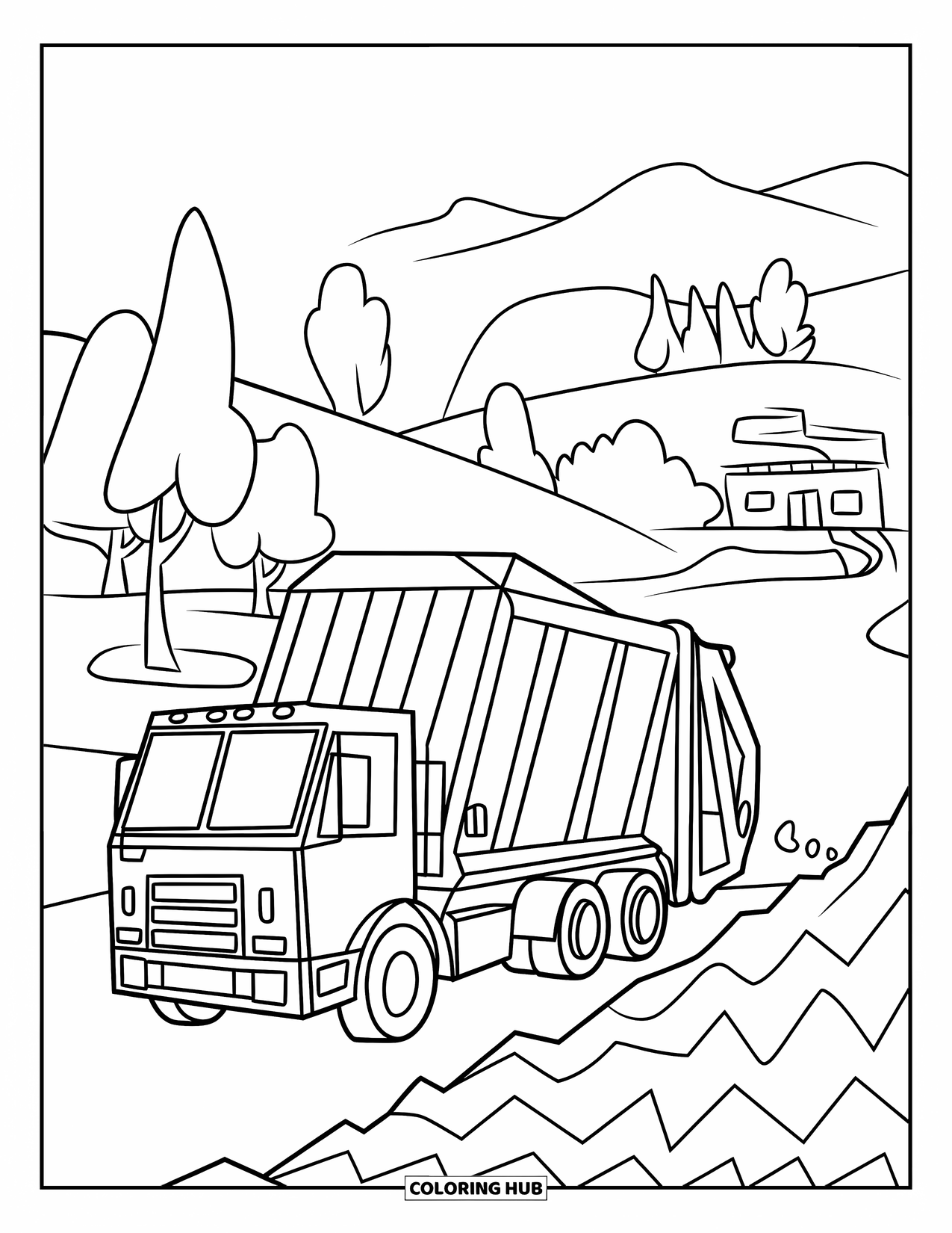 Trash Truck Coloring Page for Kids: A curved trash truck dumps into a zigzag landfill with trees and buildings nearby
