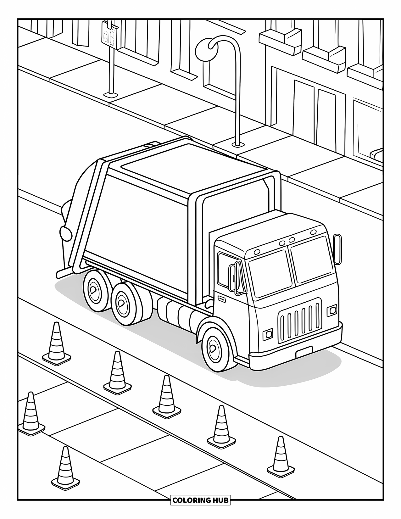Trash Truck Coloring Page for Kids: A dumpster truck drives past cones and buildings on a city hill