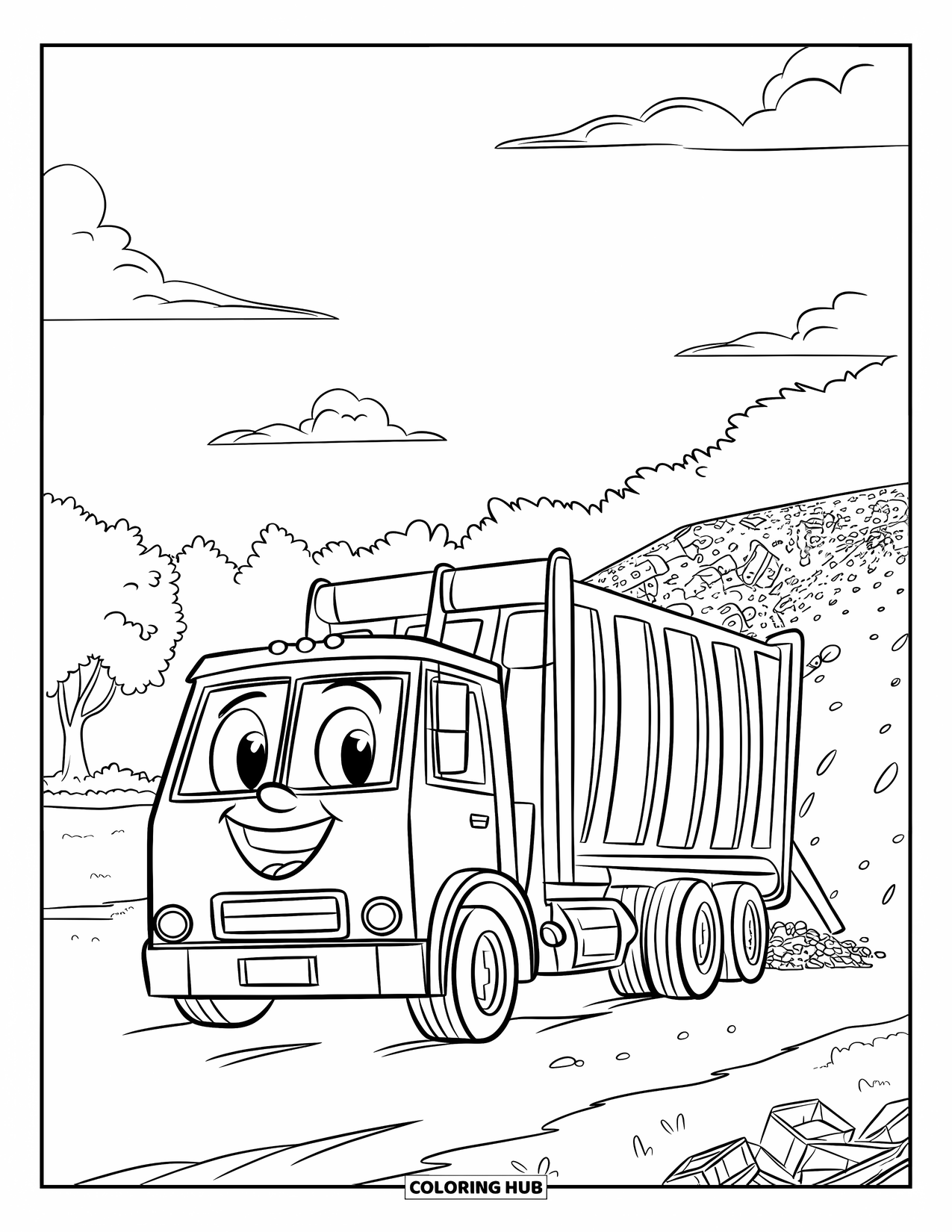 Trash Truck Coloring Page for Kids: A friendly trash truck unloads in a tree-lined landfill under a sunny sky