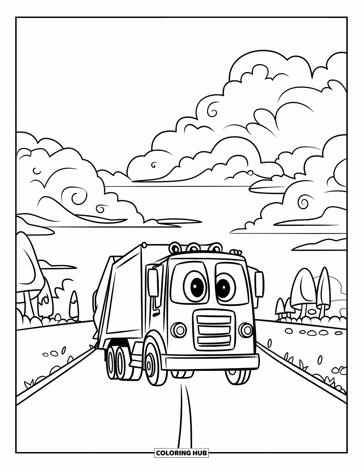 Trash Truck Coloring Page for Kids: A friendly truck drives toward the horizon with clouds and trees in view