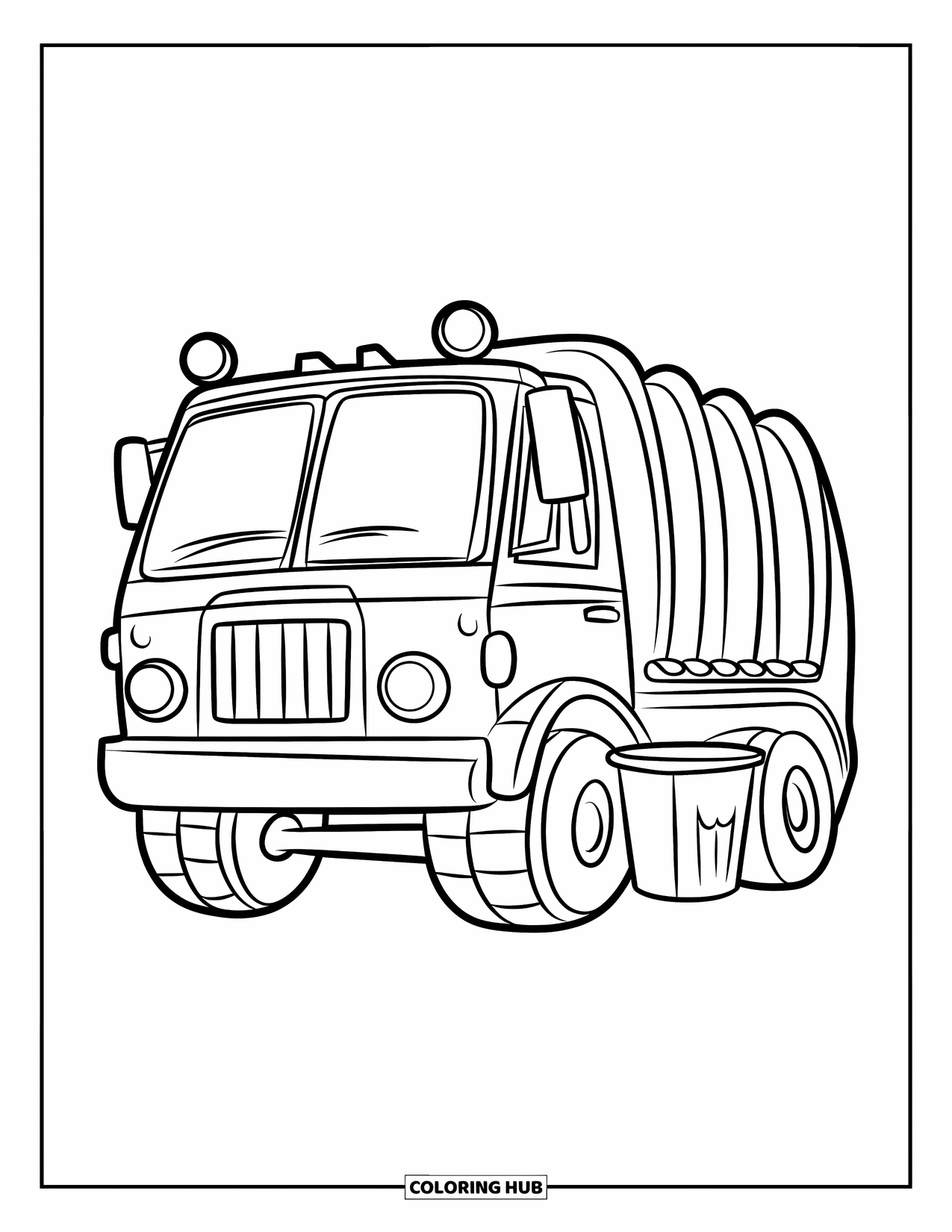 Trash Truck Coloring Page for Kids: A front-facing trash truck smiles beside a small bin with big wheels showing