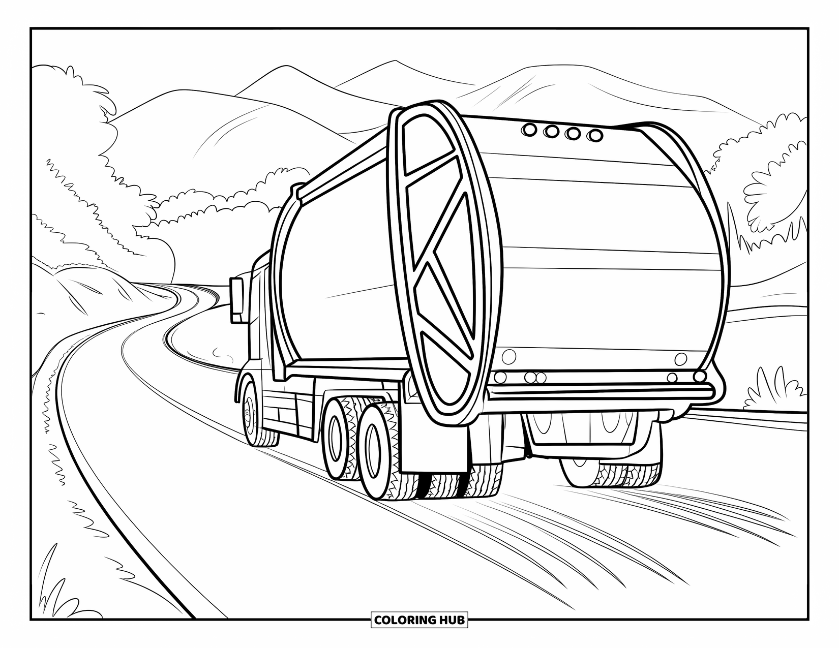 Trash Truck Coloring Page for Kids: A large trash truck rolls down a curved road with a bridge and mountain views