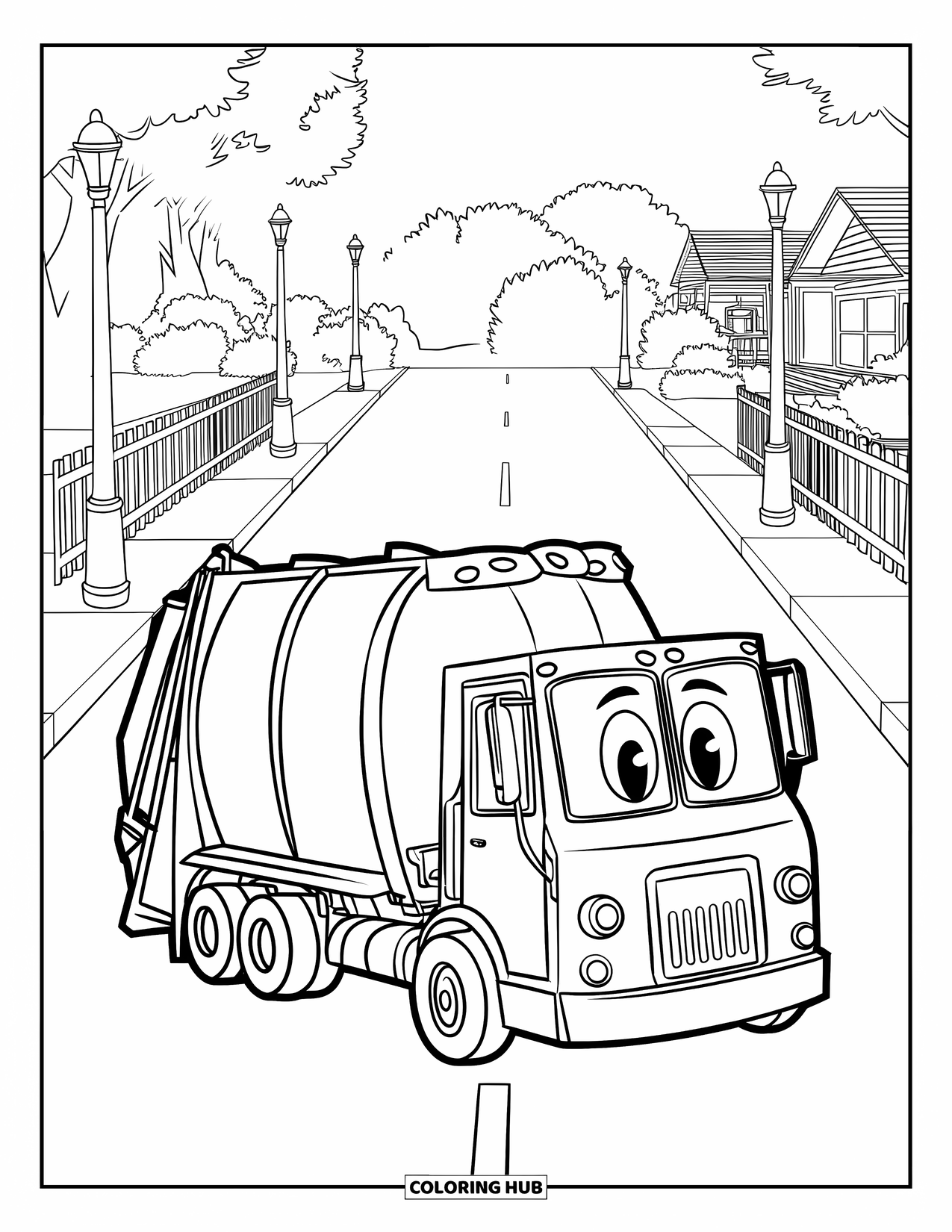 Trash Truck Coloring Page for Kids: A smiling trash truck makes a U-turn on a quiet street lined with fences and lamps