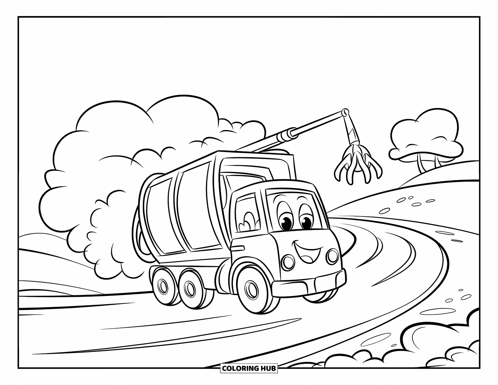 Trash Truck Coloring Page for Kids: A smiling trash truck speeds along a path, leaving puffs behind
