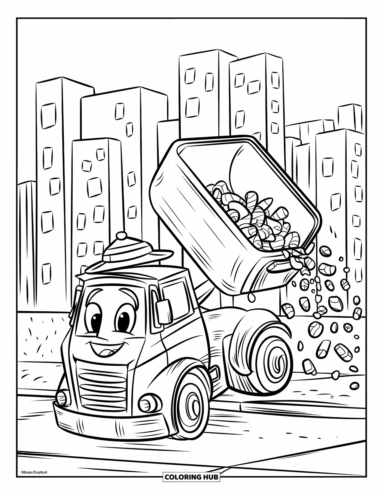 Trash Truck Coloring Page for Kids: A smiling truck lifts garbage into its bin as skyscrapers and bridges fill the view