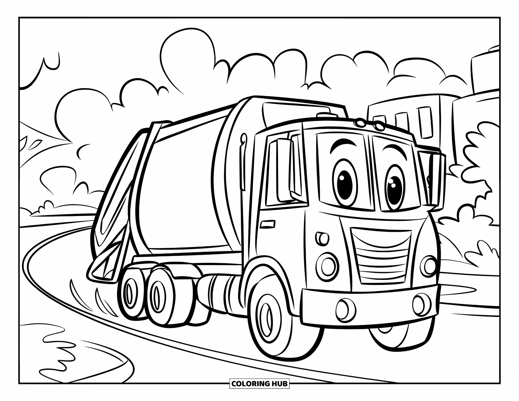 Trash Truck Coloring Page for Kids: A trash truck drives past trees with a grabber arm on a peaceful path