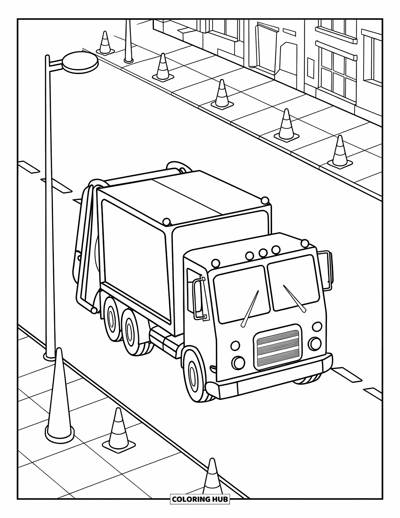 Trash Truck Coloring Page for Kids: A trash truck moves down a sloped street with cones and sidewalks