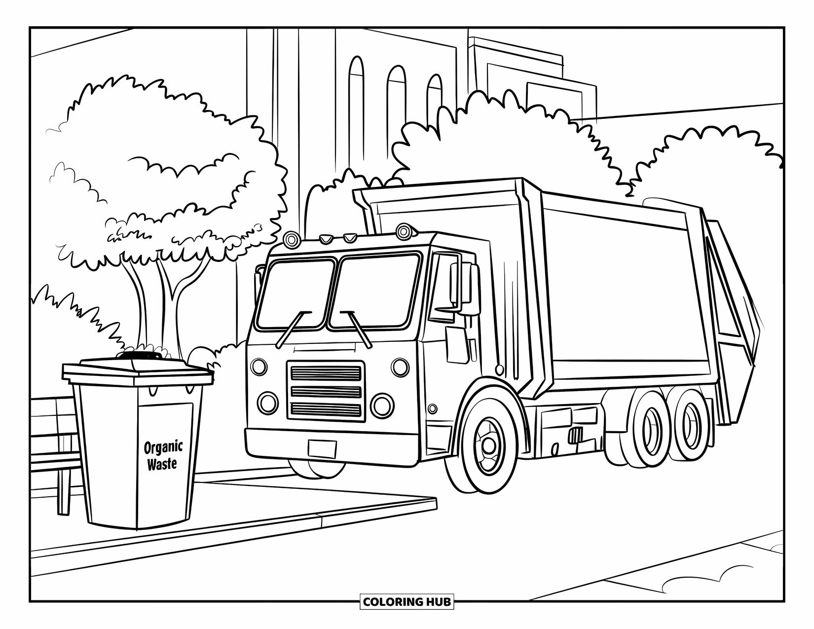 Trash Truck Coloring Page for Kids: A trash truck parks near a small park with a labeled organic bin and tall trees