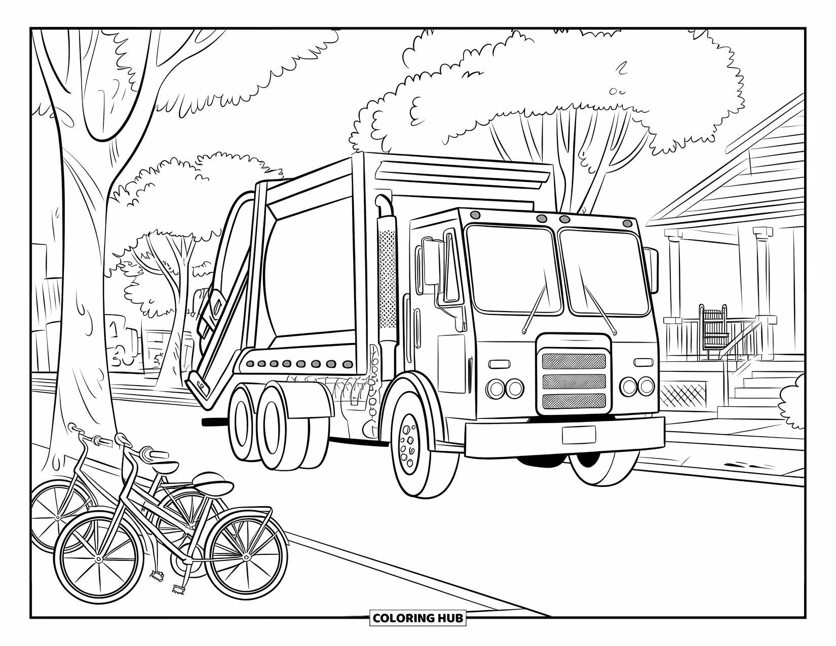 Trash Truck Coloring Page for Kids: A trash worker joins a truck on a quiet street with bikes, trees, and porches