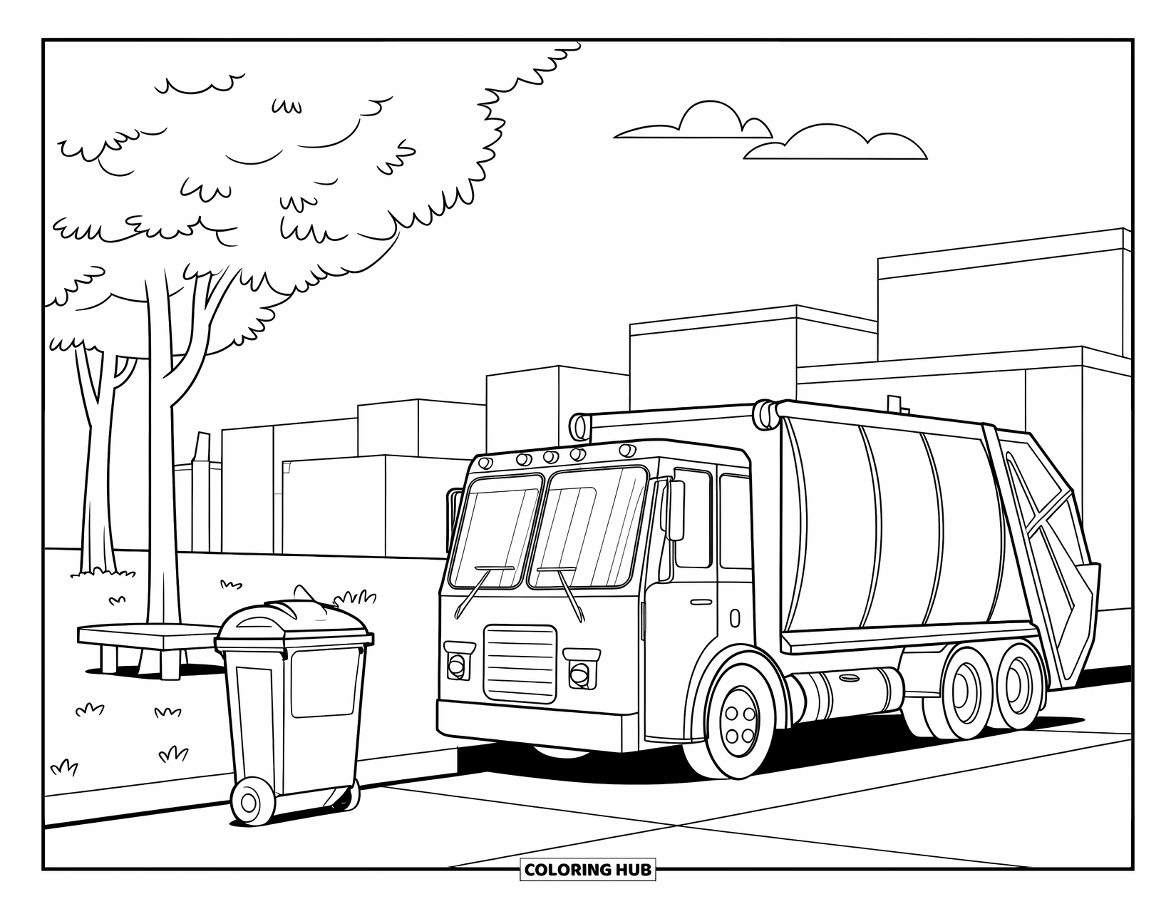 Trash Truck Coloring Page for Kids: A truck stops by a park with a waste bin, bench, and buildings behind