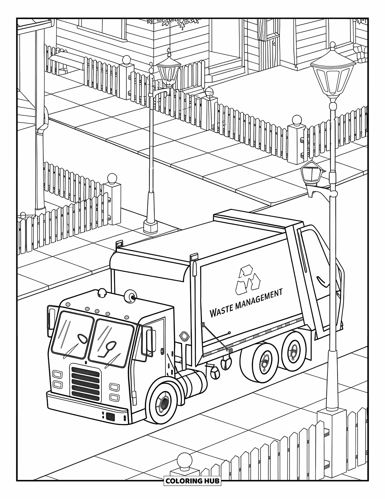 Trash Truck Coloring Page for Kids: A "Waste Management" truck turns down a fenced street with cozy houses and lamps