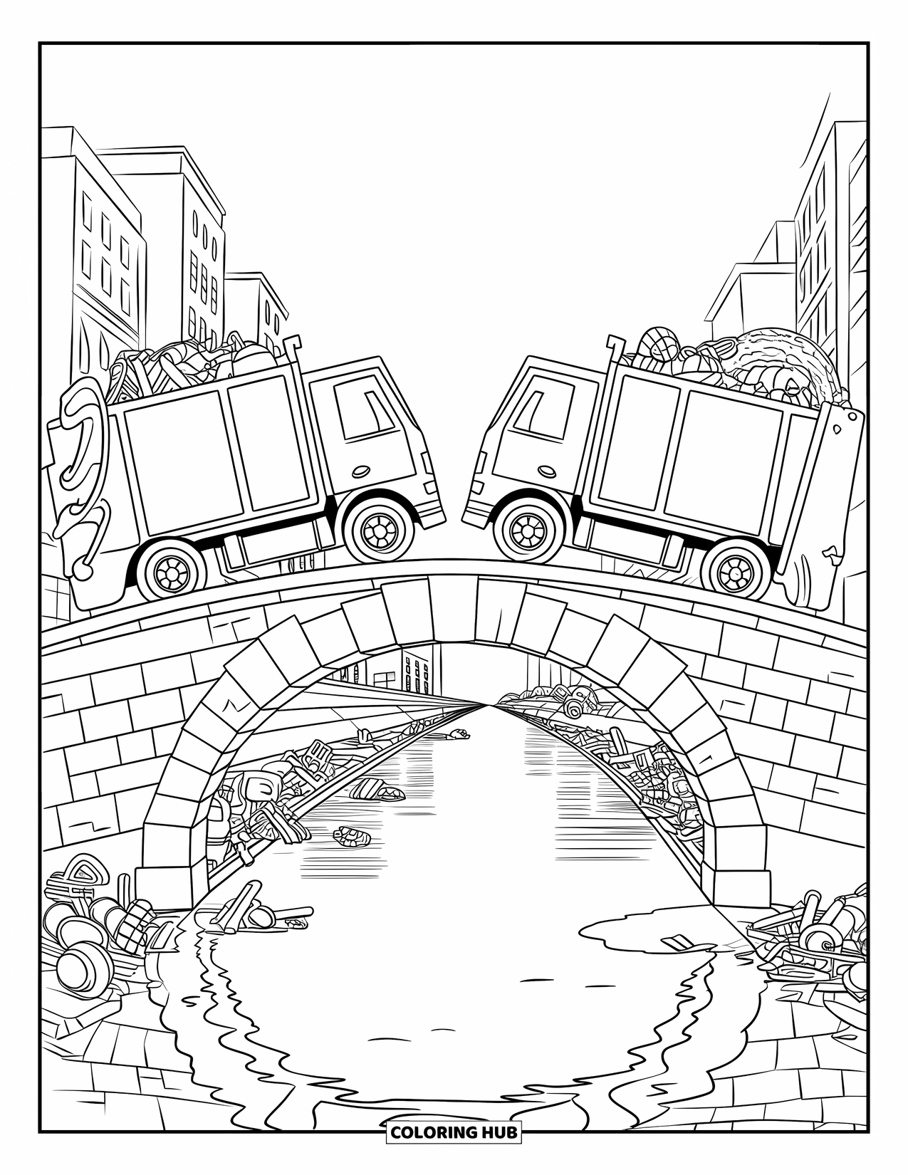 Trash Truck Coloring Page for Kids: Trash trucks cross a bridge above a peaceful river and city skyline