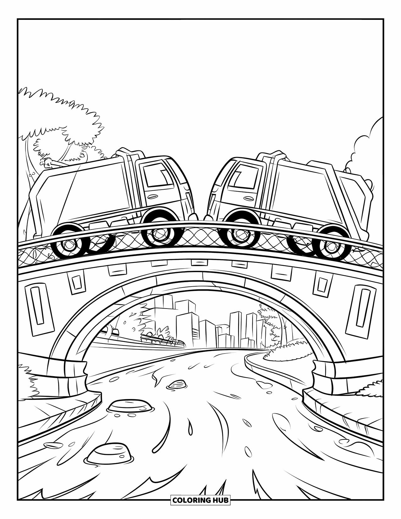 Trash Truck Coloring Page for Kids: Two trash trucks pass on a bridge with river rocks and buildings in the background