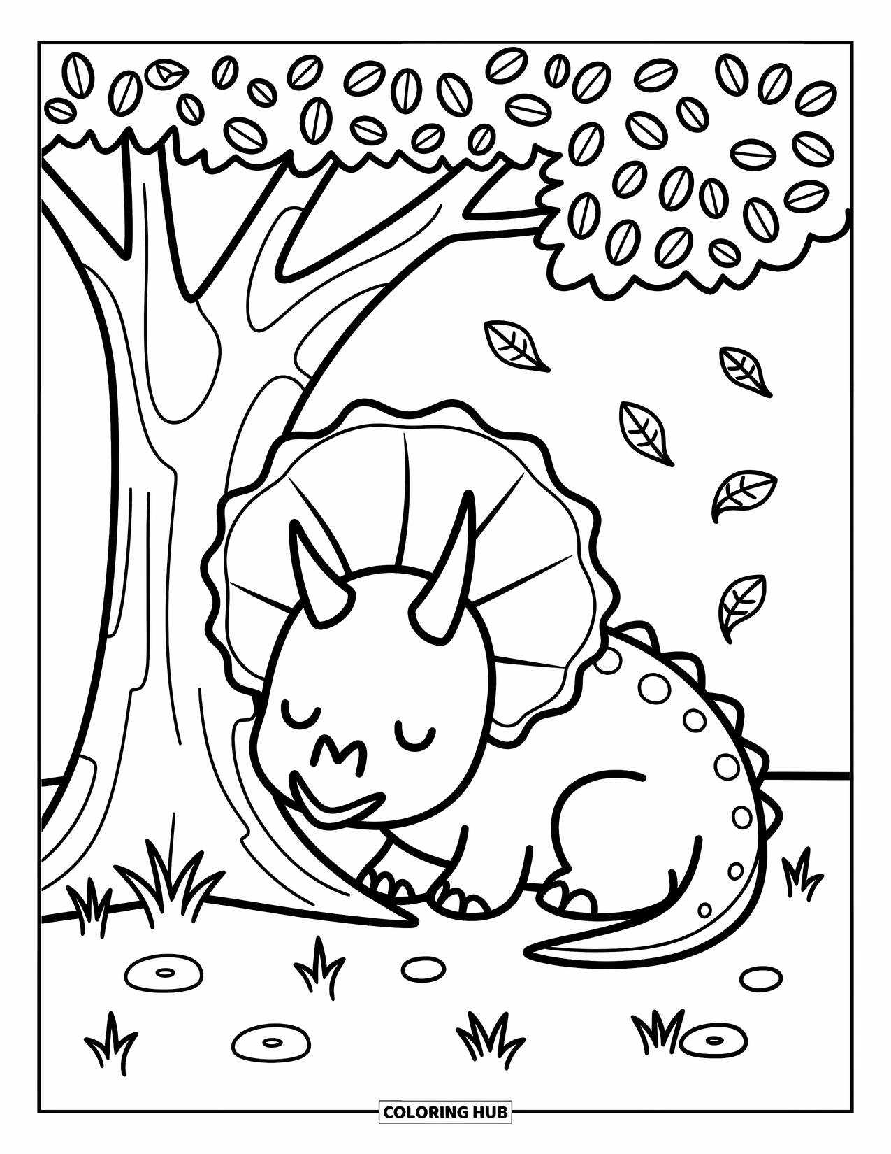 Triceratops Coloring Page for Adults: A sleepy triceratops curls up under a leafy tree surrounded by pebbles and breeze