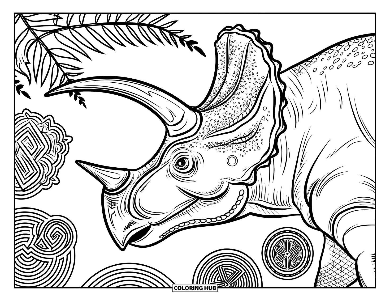 Triceratops Coloring Page for Adults: A textured triceratops is framed by bold ferns and intricate swirl designs