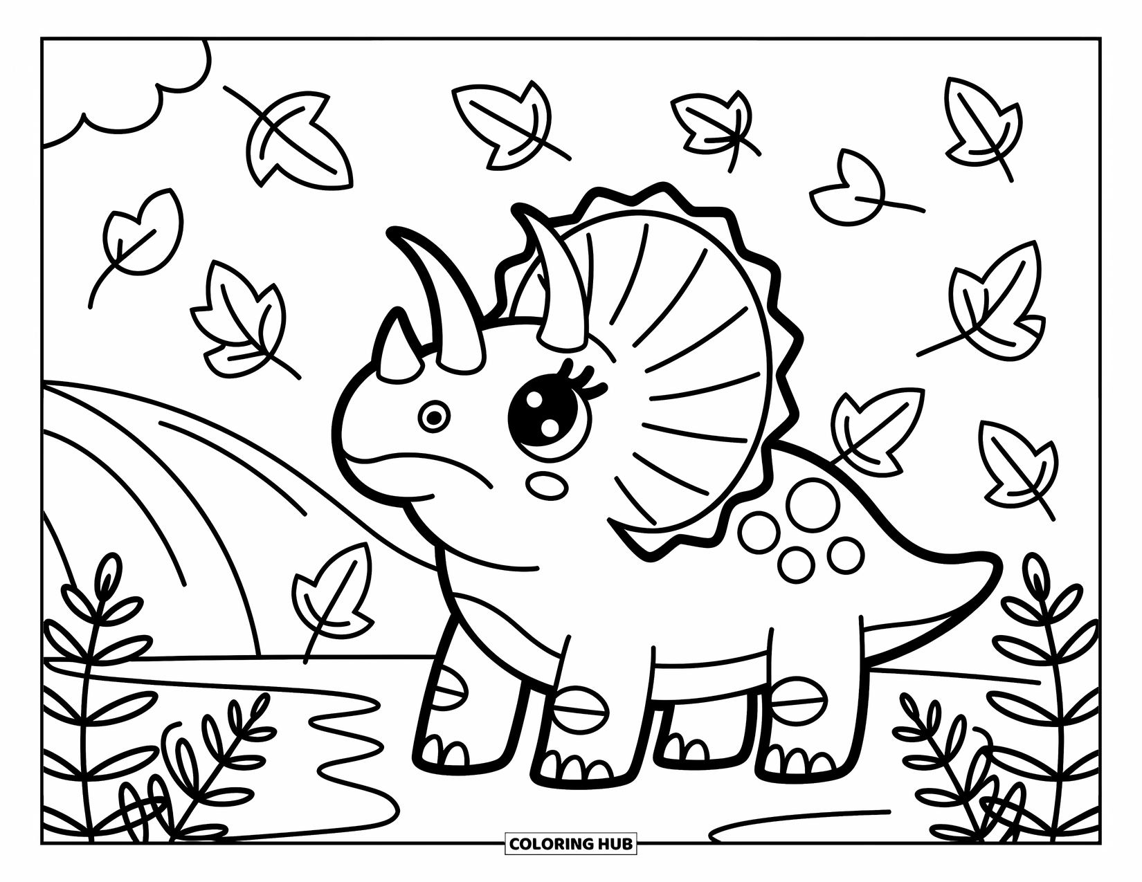 Triceratops Coloring Page for Adults: A triceratops enjoys falling leaves with ferns and a gentle hill behind