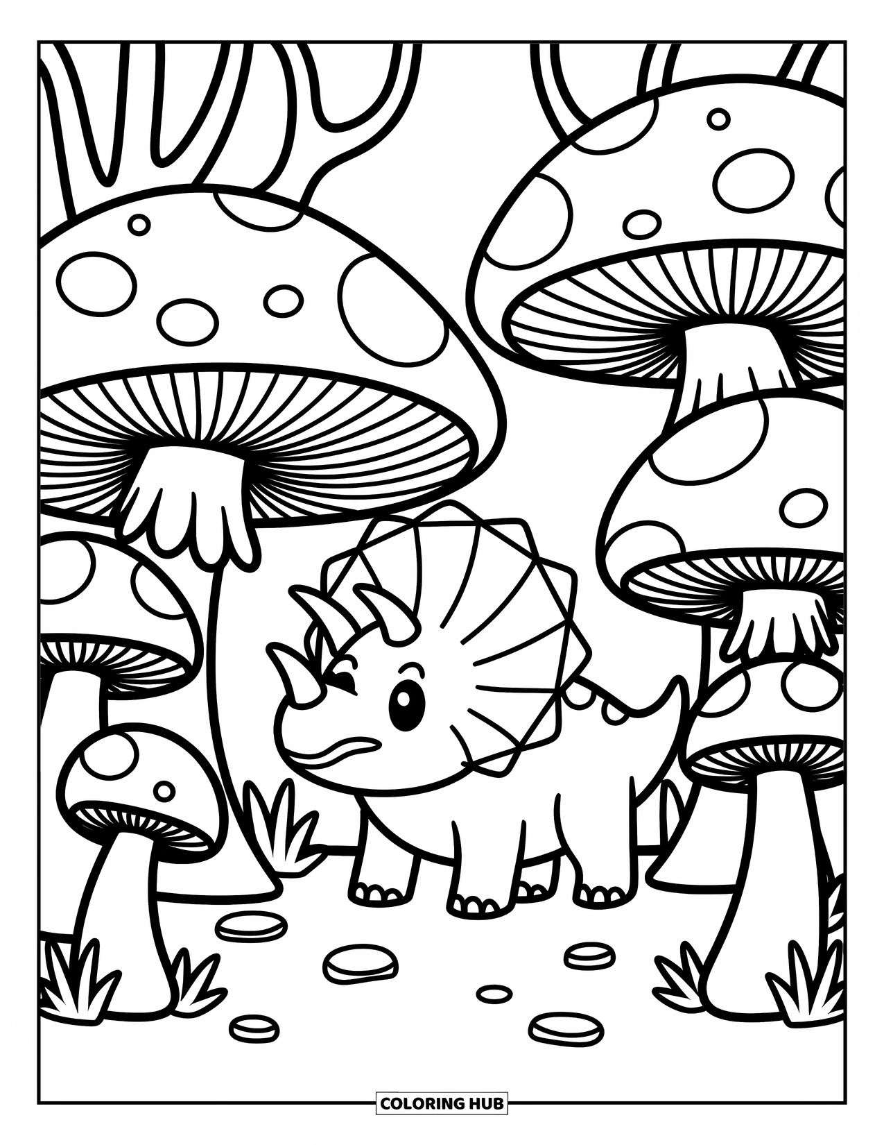 Triceratops Coloring Page for Adults: A triceratops rests inside a gentle arch of friendly mushrooms and playful plants