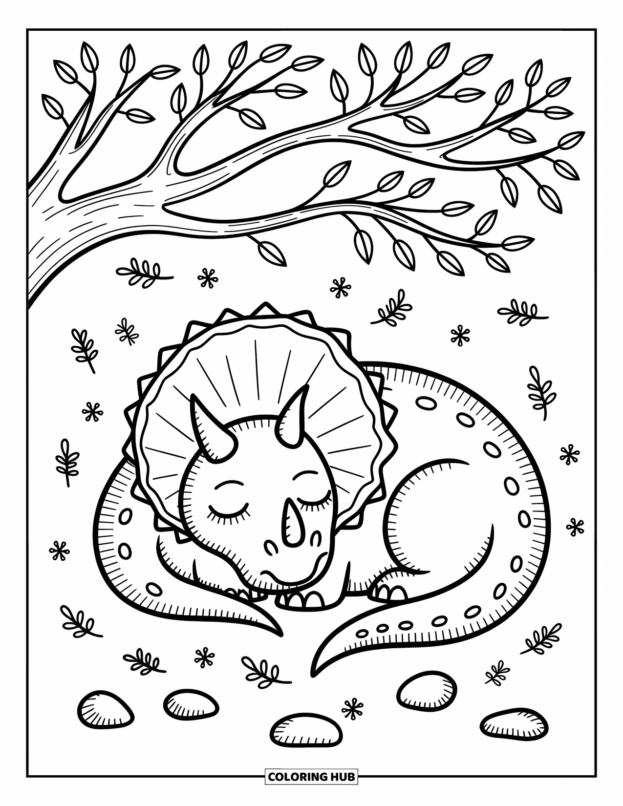 Triceratops Coloring Page for Adults: A triceratops snoozes under a tree while leaves and pebbles gently scatter nearby