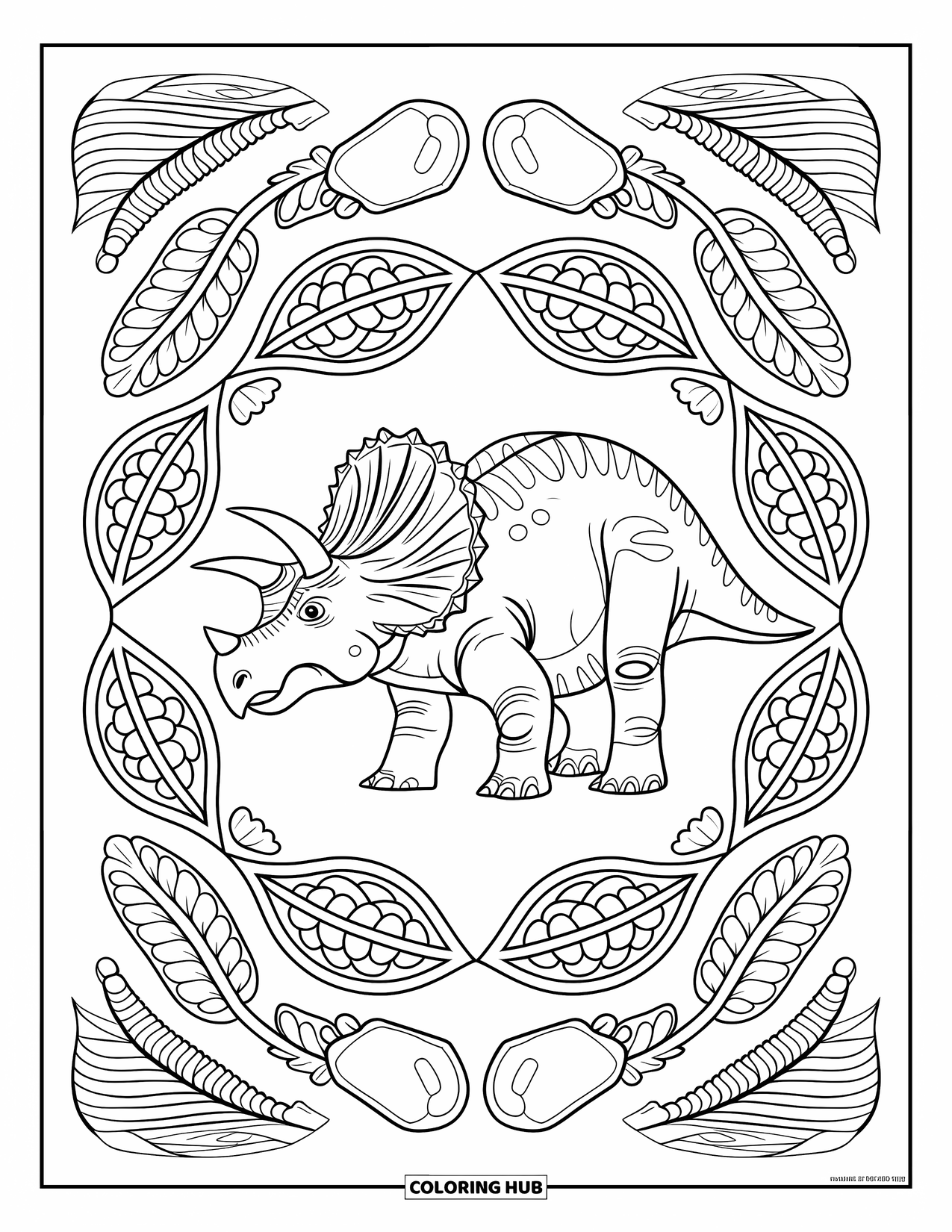 Triceratops Coloring Page for Adults: A triceratops stands in a fossil-inspired mandala made of vines and leafy patterns
