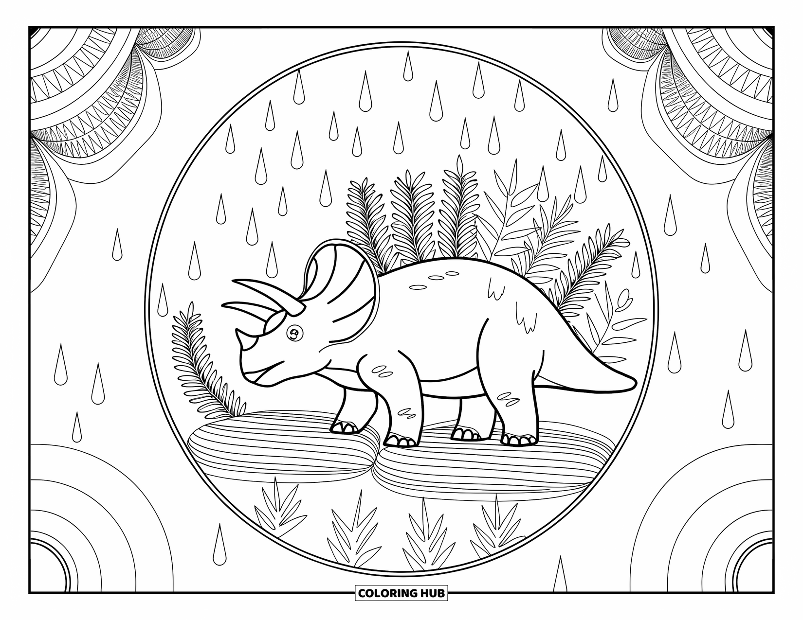 Triceratops Coloring Page for Adults: A triceratops stands in the middle of a circle filled with spirals and raindrops