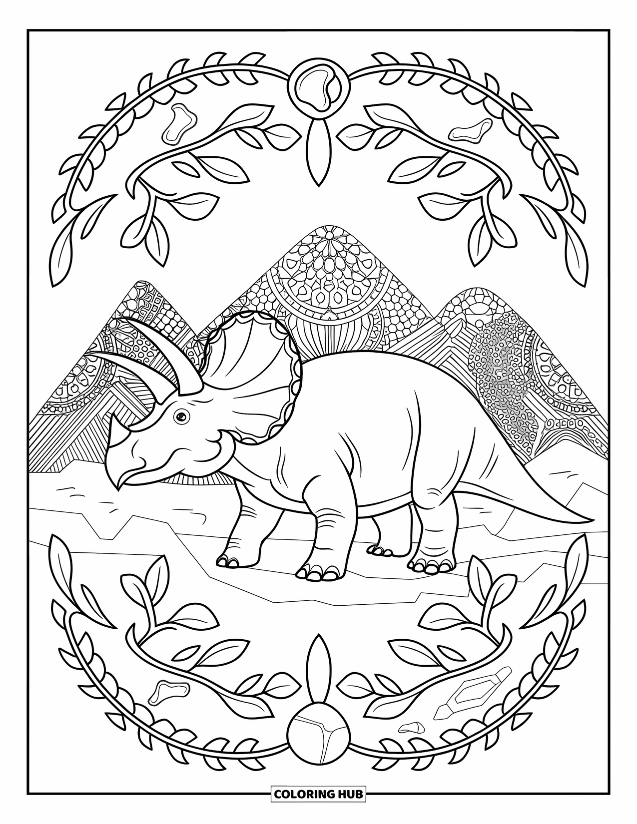 Triceratops Coloring Page for Adults: A triceratops stands on rocky ground among mandala vines and distant patterned mountains