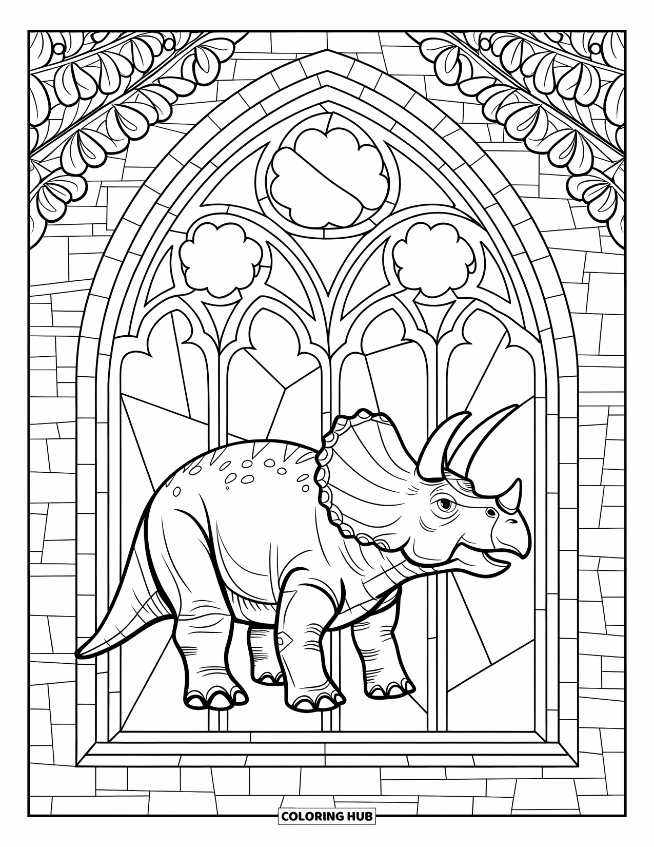 Triceratops Coloring Page for Adults: A triceratops stands tall in a stained glass arch with carved stone and leaf patterns