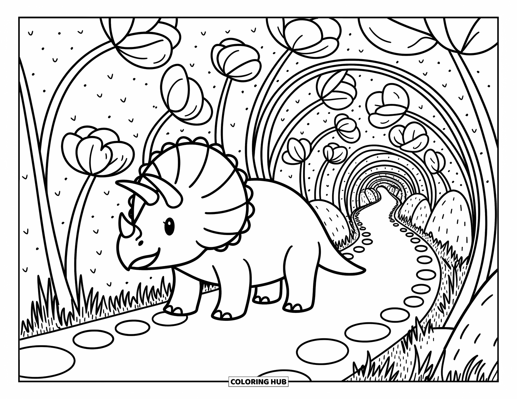 Triceratops Coloring Page for Adults: A triceratops walks under playful flower arches with grass and pebbles around