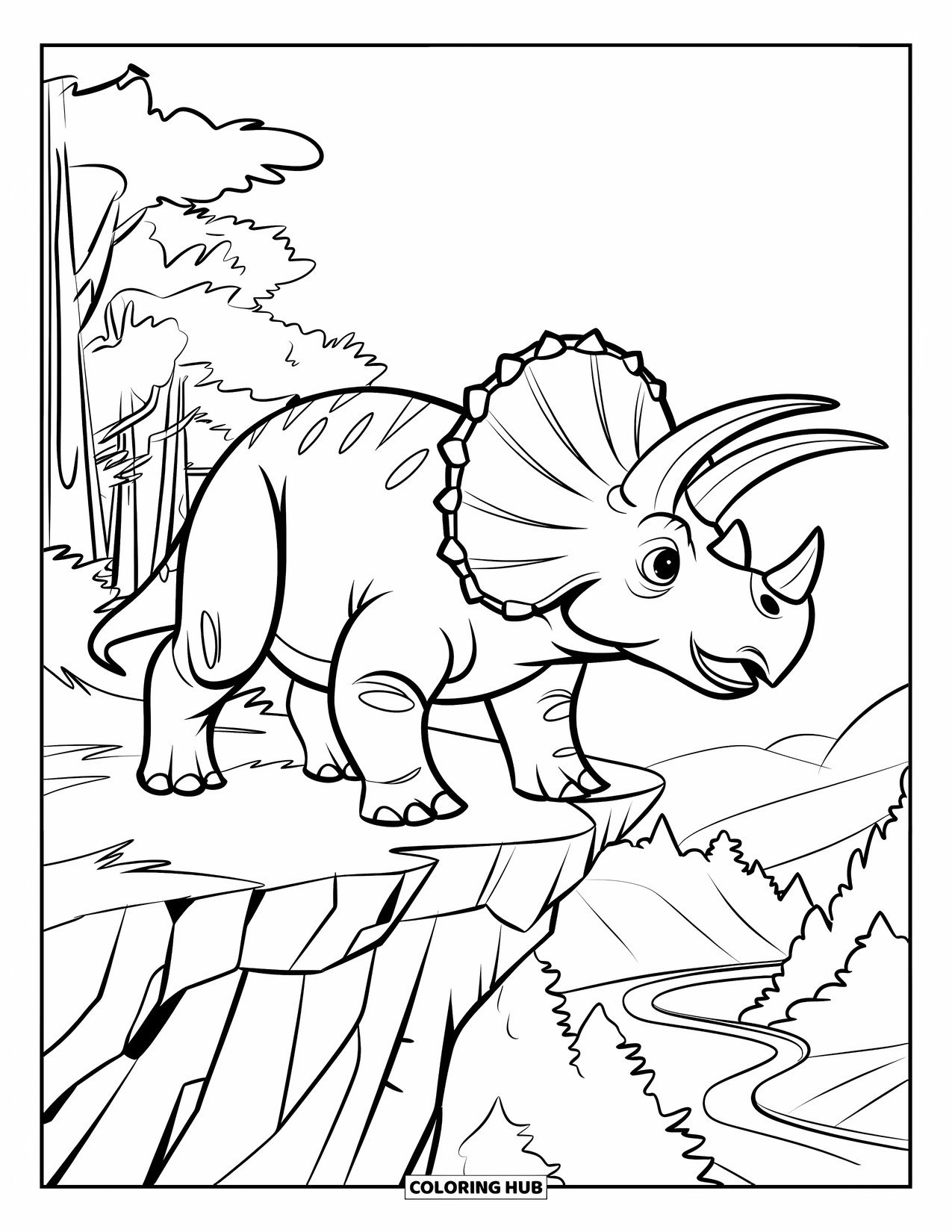 Triceratops Coloring Page for Kids: A bold triceratops stands above a valley with textured trees and a winding trail