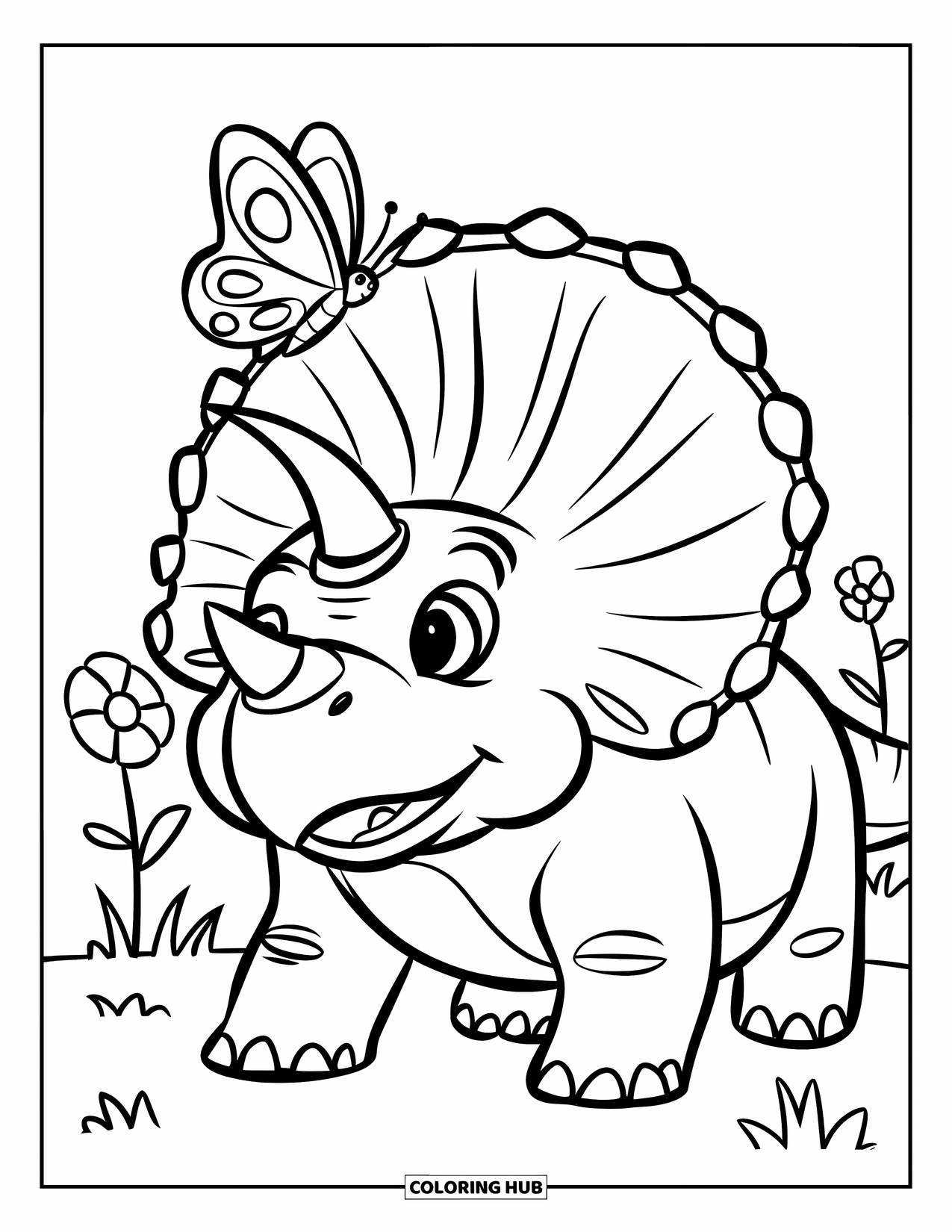 Triceratops Coloring Page for Kids: A chubby triceratops smiles as a butterfly lands gently on its horn