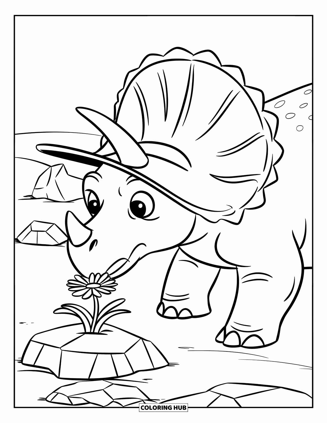 Triceratops Coloring Page for Kids: A curious triceratops in a wide hat sniffs a flower growing from a cracked rock