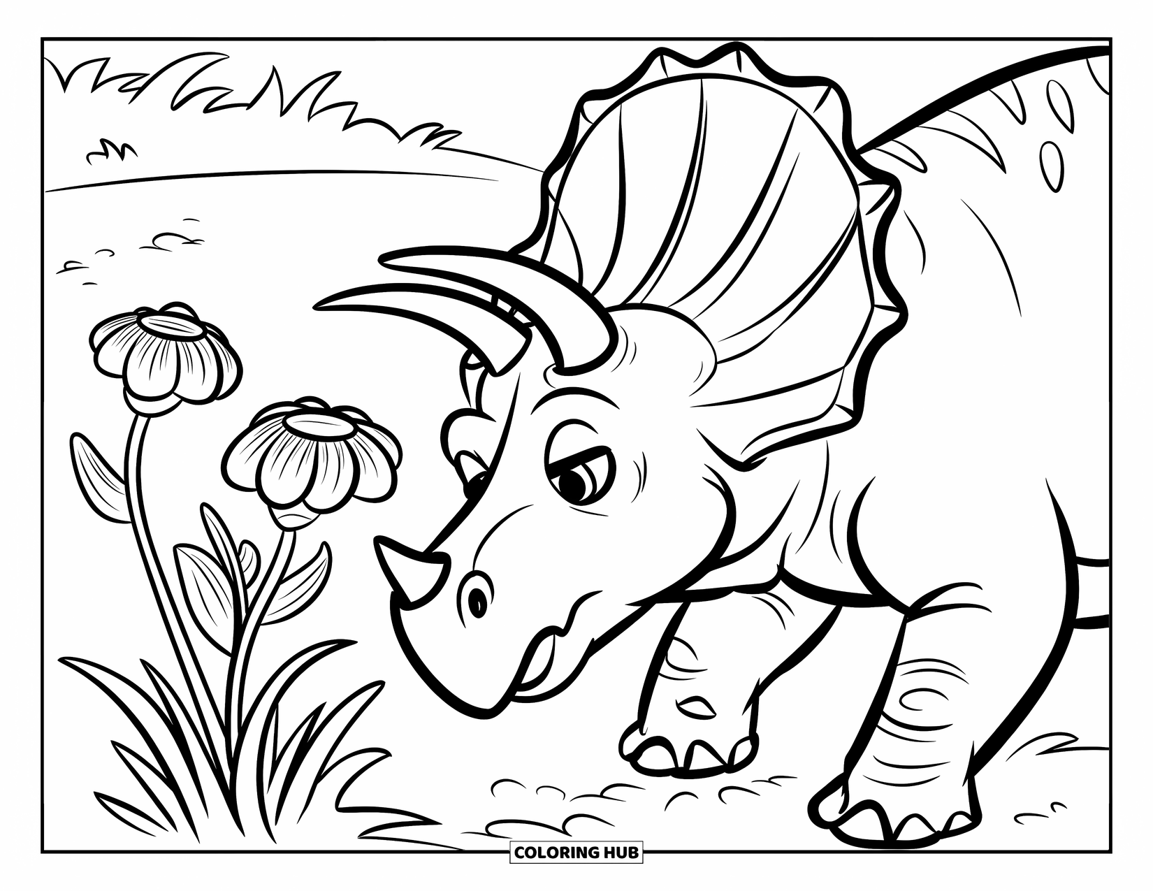 Triceratops Coloring Page for Kids: A friendly triceratops sniffs detailed prehistoric flowers in a wide, grassy field