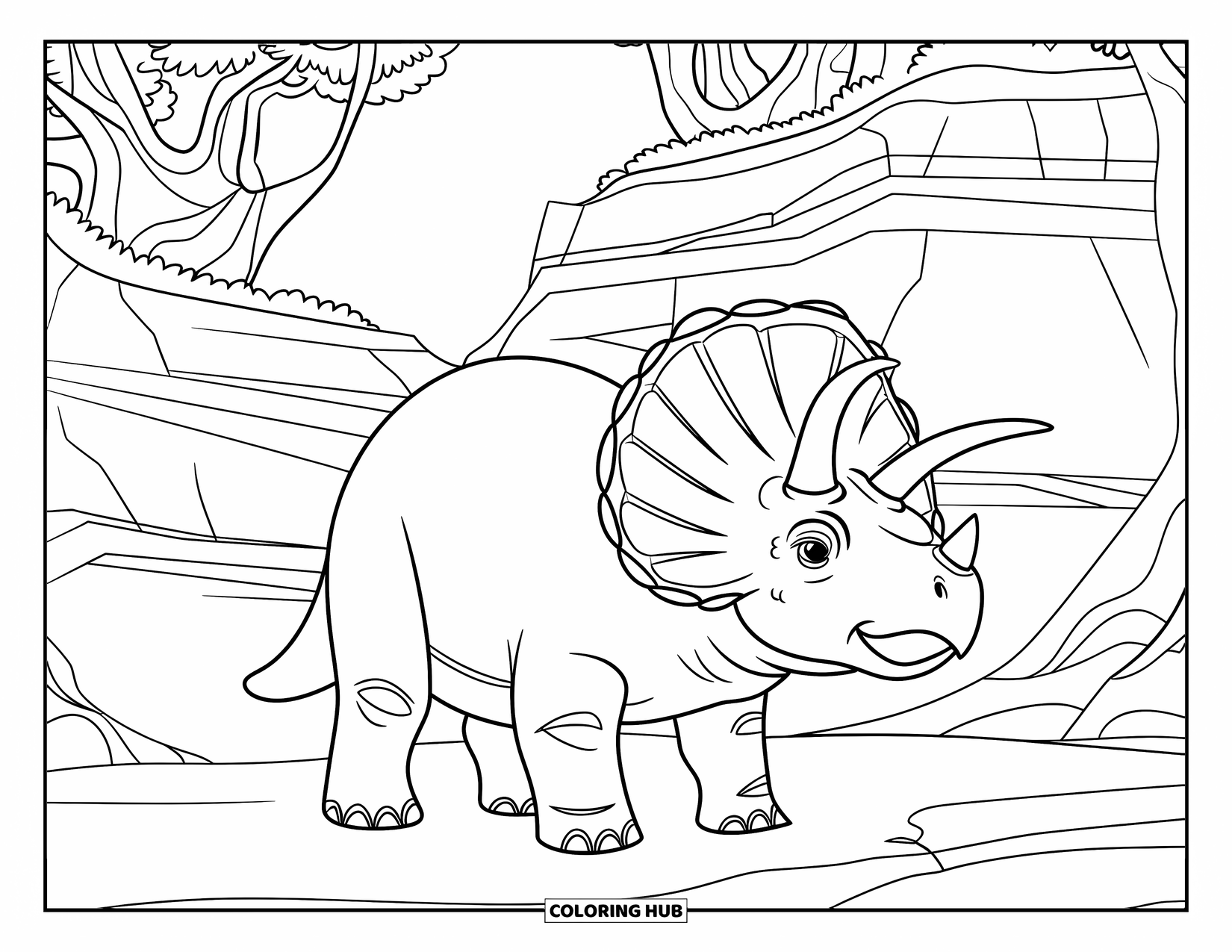 Triceratops Coloring Page for Kids: A gentle triceratops stands among cliffs and ancient trees on rocky terrain