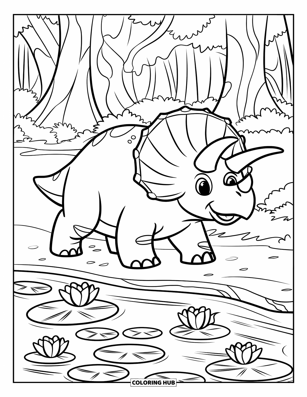 Triceratops Coloring Page for Kids: A happy triceratops in a hat walks beside a forest stream with lily pads