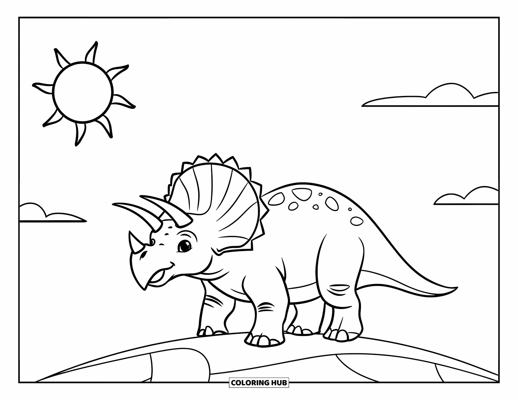 Triceratops Coloring Page for Kids: A happy triceratops stands tall on a hill beneath a simple sunny sky