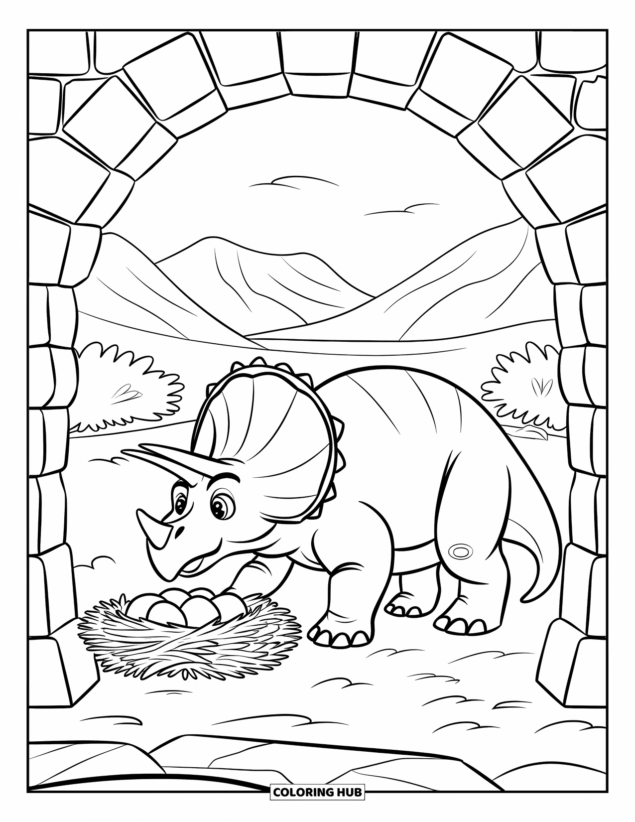 Triceratops Coloring Page for Kids: A protective triceratops watches over eggs under a rocky arch in the wilderness